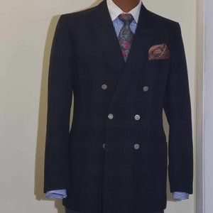 slim-fitting modern black plaid double breasted two button jacket 38R